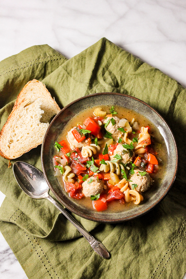 Italian Mini Chicken Meatball Soup is full of veggies and flavor with just a slight kick. It's also ready in 30 minutes, making it a perfect weeknight meal.