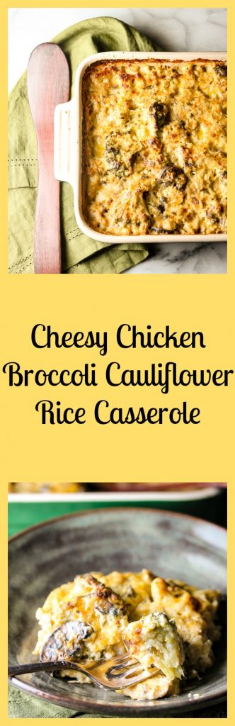 Cheesy Broccoli Chicken Cauliflower Rice Casserole is a low carb dish that's packed with healthy veggies and  creamy, cheesy, comfort food goodness.