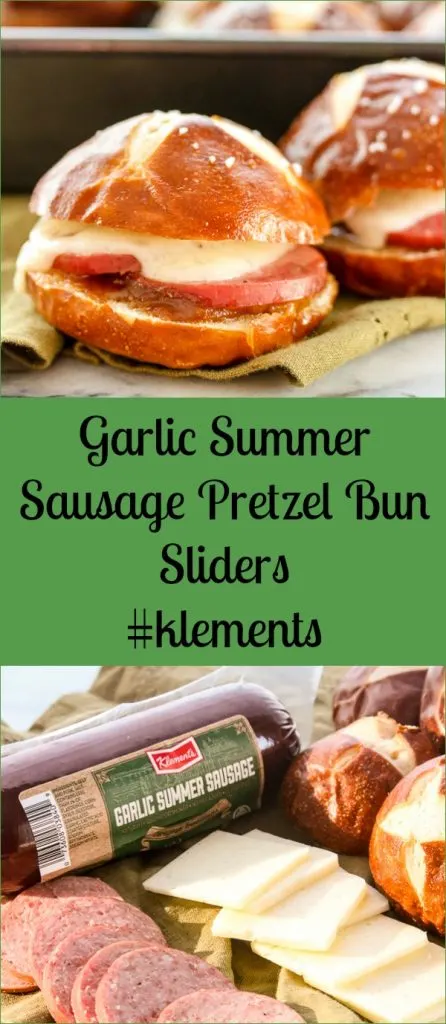 Klement's garlic summer sausage combines with manchego cheese and a homemade Apricot mustard spread to create these irresistible pretzel bun sliders. #klements #linkup