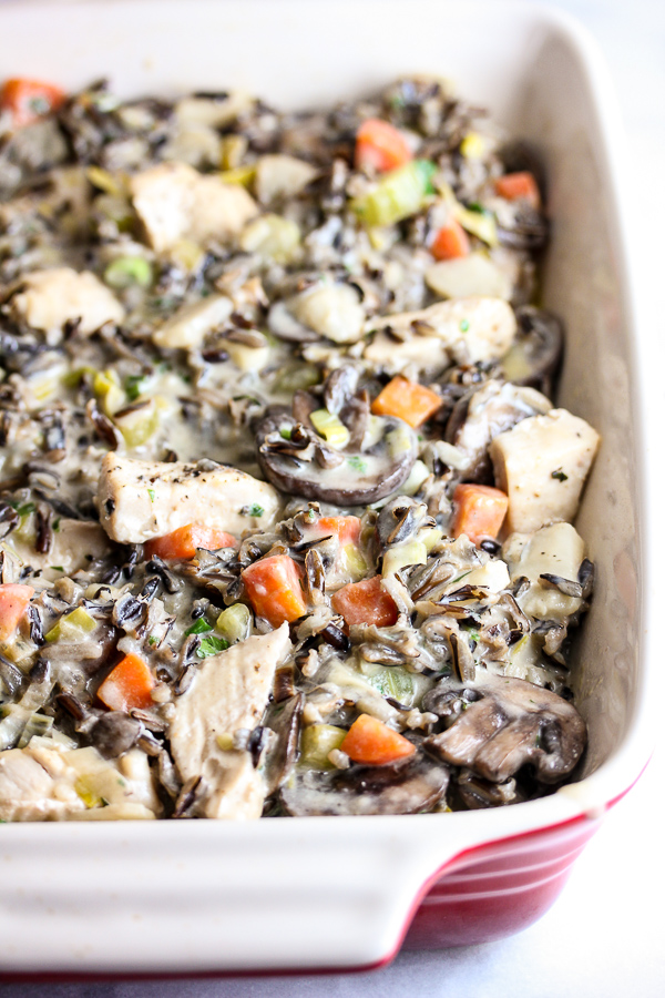 A luscious cream sauce along with fresh herbs and lots of good-for-you veggies is sure to make this chicken wild rice casserole a family favorite. Plus it's make ahead and freezer friendly.