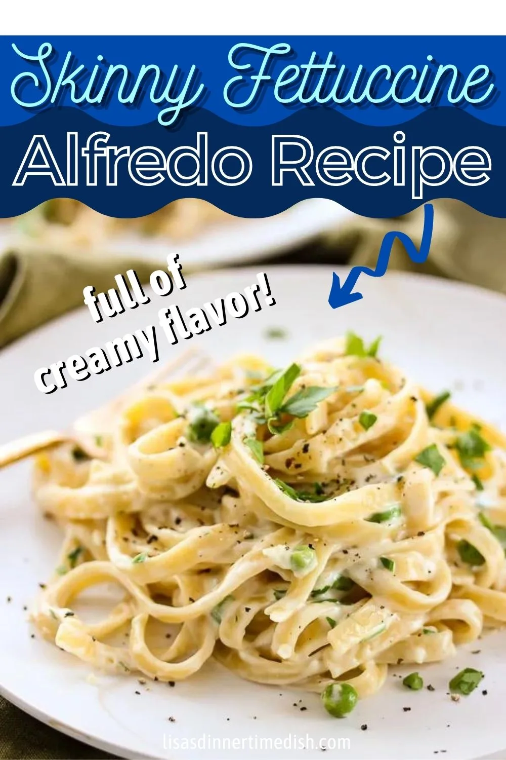 Skinny Fettuccine Alfredo plated and garnished with parsley and black pepper