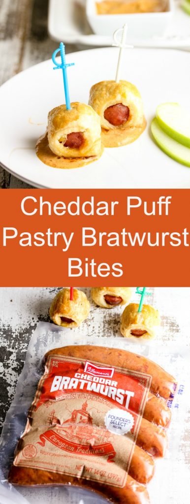 Klement's cheddar bratwurst combines with puff pastry along with an easy dipping sauce to create these scrumptious cheddar puff pastry bratwurst bites.