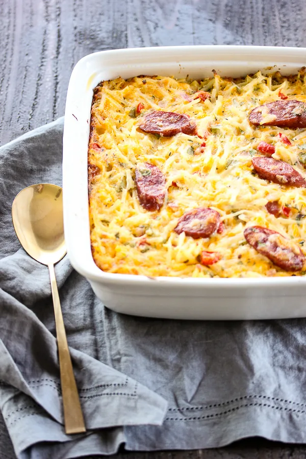 Cheesy Hash Brown Bratwurst Brunch Bake is sure to please this Mother's day with its cheesy goodness and the smoky flavor from Klement’s smoked bratwurst.