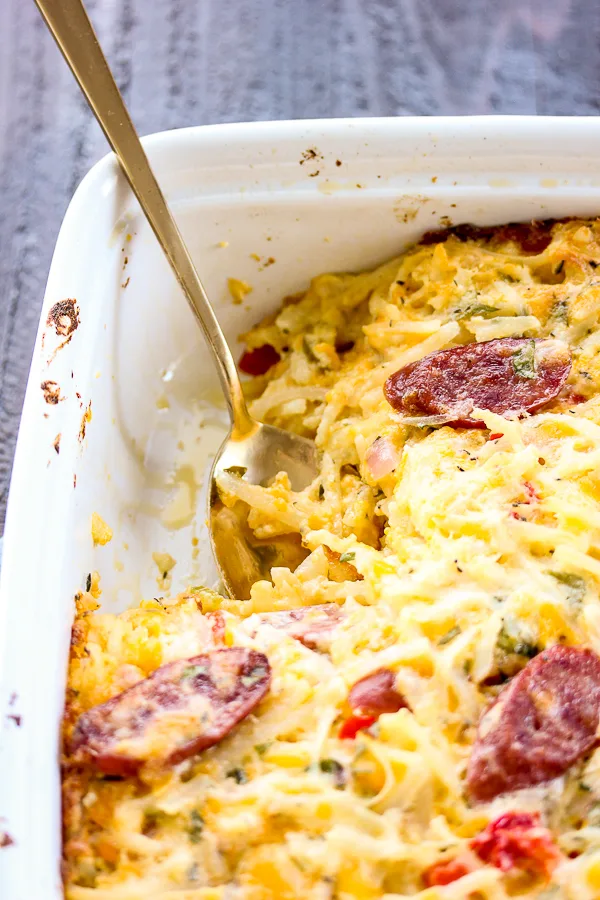 Cheesy Hash Brown Bratwurst Brunch Bake is sure to please this Mother's day with its cheesy goodness and the smoky flavor from Klement’s smoked bratwurst.