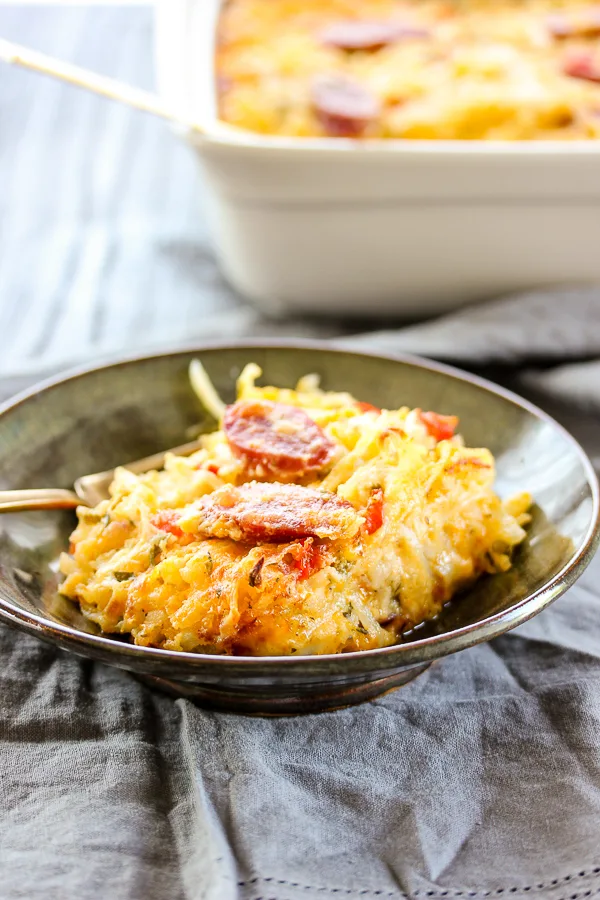 Cheesy Hash Brown Bratwurst Brunch Bake is sure to please this Mother's day with its cheesy goodness and the smoky flavor from Klement’s smoked bratwurst.