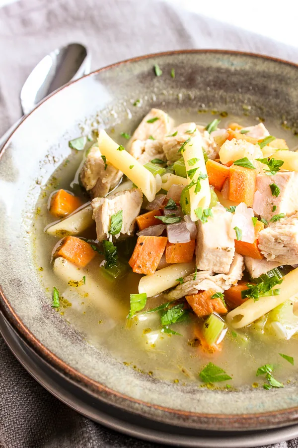 Homemade Weeknight Chicken Noodle Soup shown in a serving bowl