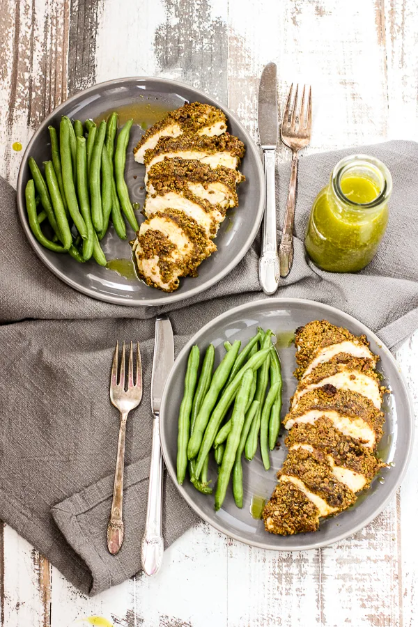 Pistachio Crusted Baked Chicken with Lemon Dill Vinaigrette