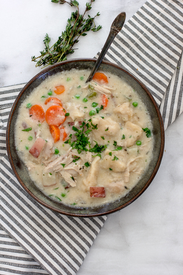 Overhead of Weeknight Chicken and Dumplings served in a bowl