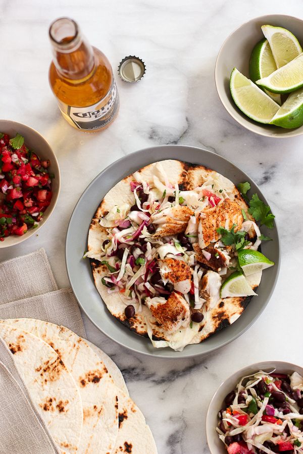 Grilled Fish Tacos with Southwester Slaw and Pico de Gallo
