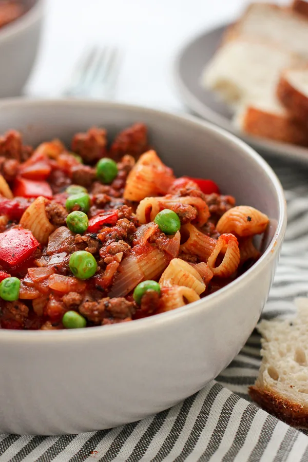 Close up side shot of Old Fashioned Goulash in a bowl