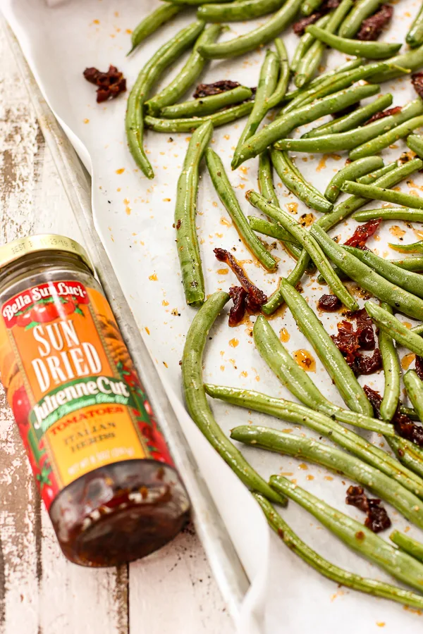 Roasted Sun Dried Tomato Green Beans with Goat Cheese