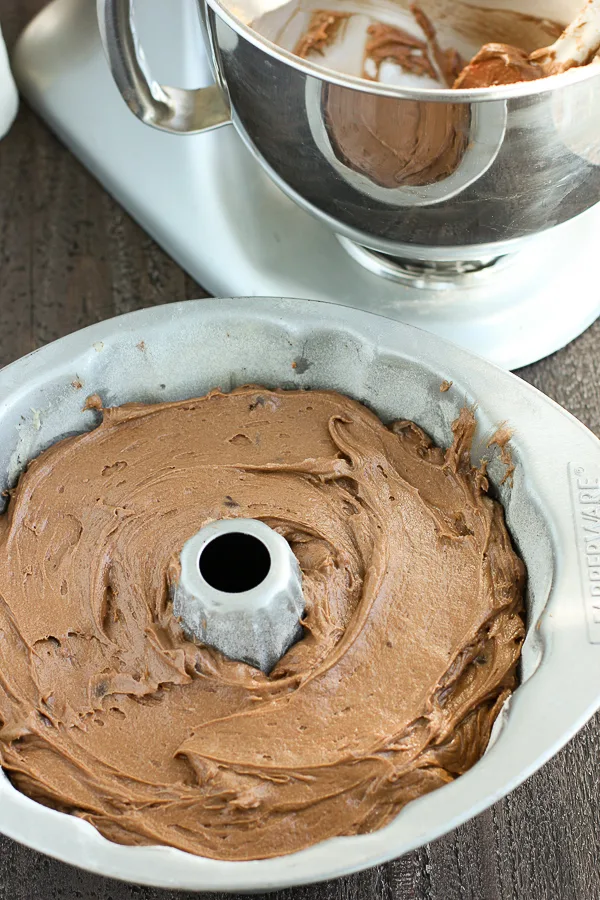 Cake batter in the bundt pan before baking
