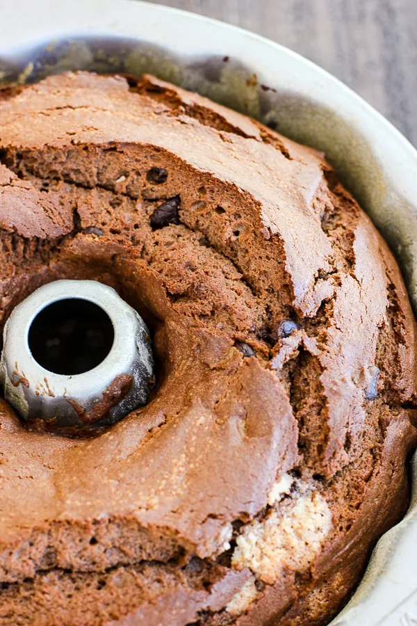 Death By Chocolate Pound Cake in the bundt pan after baking