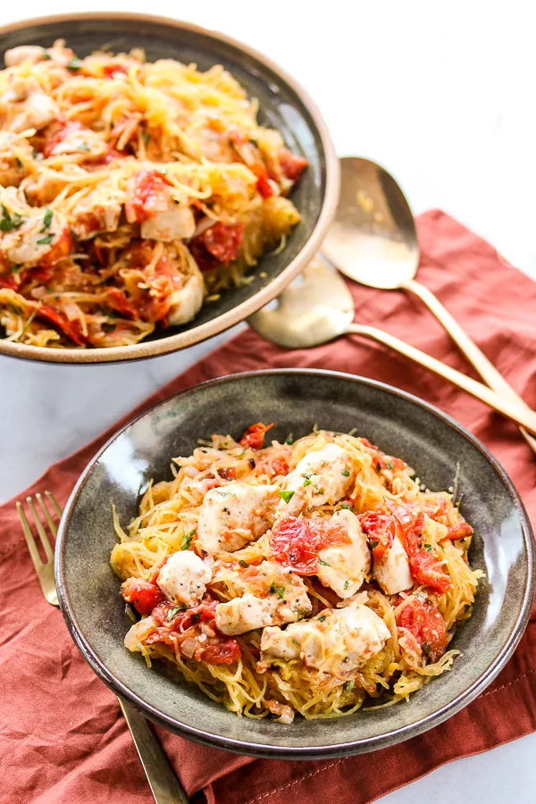 Roasted Roasted Grape Tomato and Chicken Sheet Pan Dinner over Spaghetti Squash