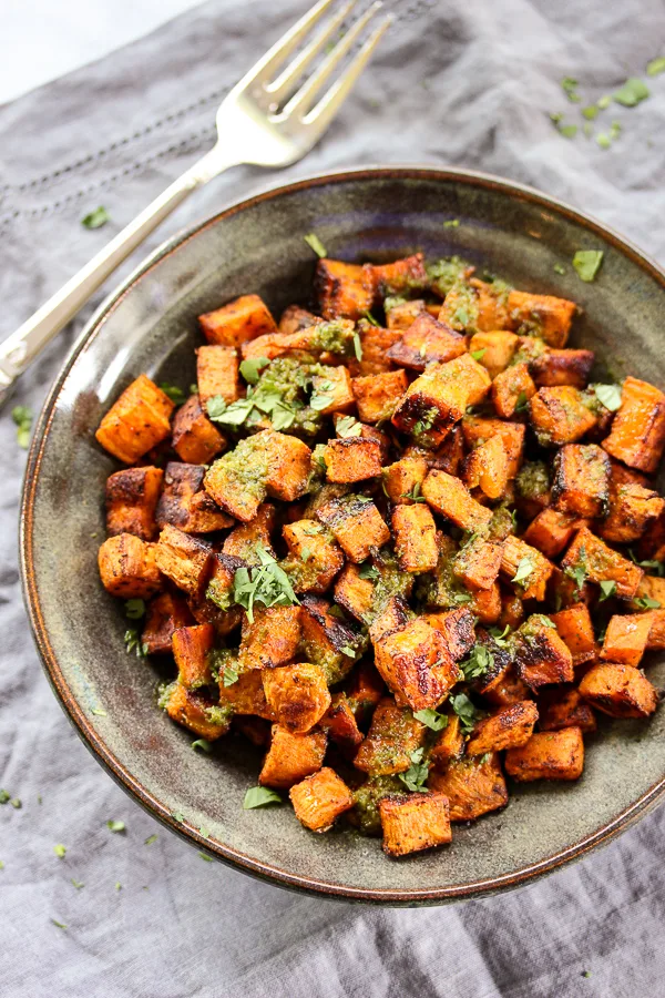 Roasted sweet potatoes in a serving bowl