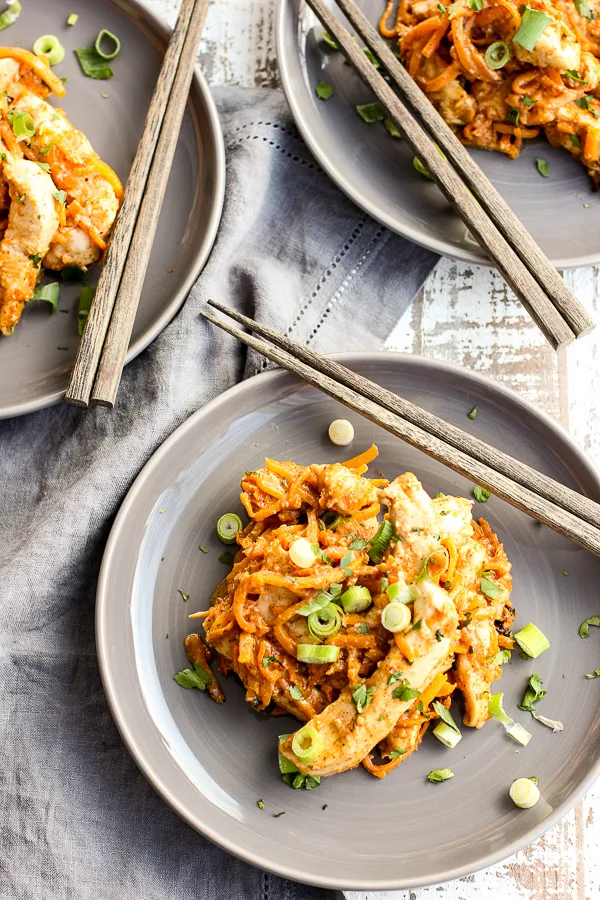 Plated Thai Peanut chicken sweet potato sheet pan dinner