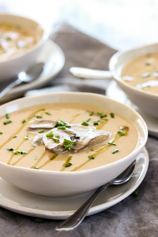 Vegan Cream of Mushroom Soup served in a soup bowl