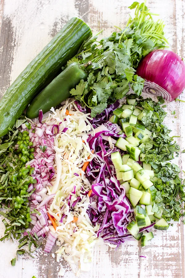 Prepped ingredients for Spicy Thai Basil Slaw