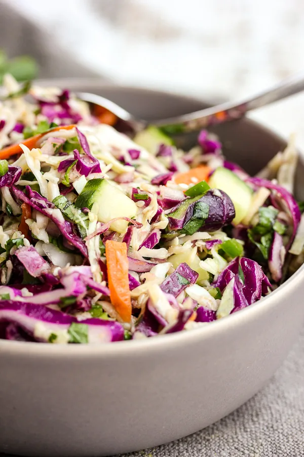 close up of Spicy Thai Basil Slaw