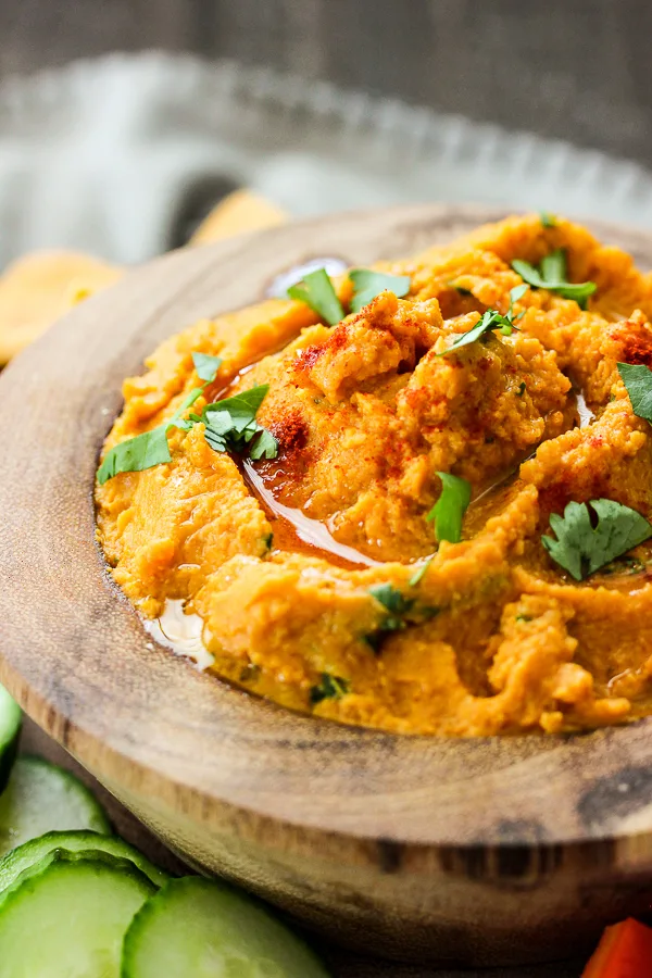 Close up of Easy Pumpkin Hummus in the serving bowl 