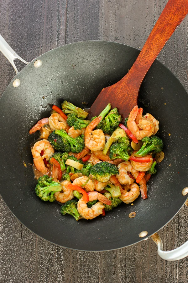 Photo of cooked Weeknight Broccoli Shrimp Stir Fry in the wok