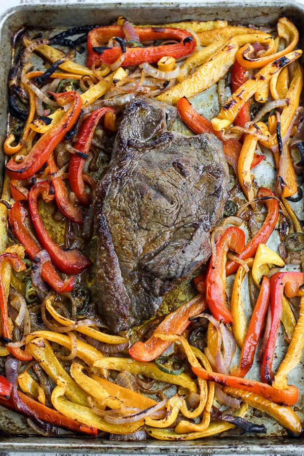 Photo showing cooked fajitas on the sheet pan