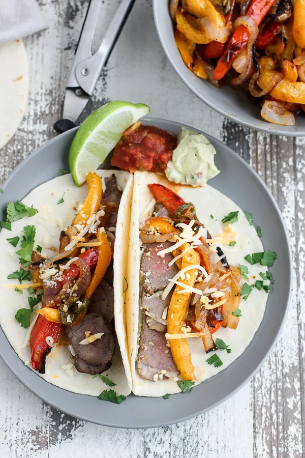 Overhead close up of plated fajitas