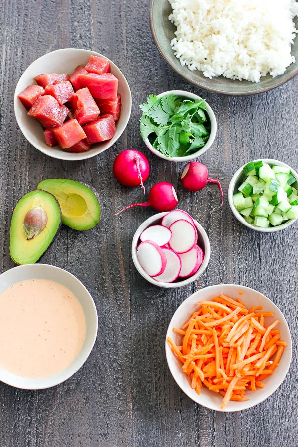 Prep ingredient ready to assemble poke bowls