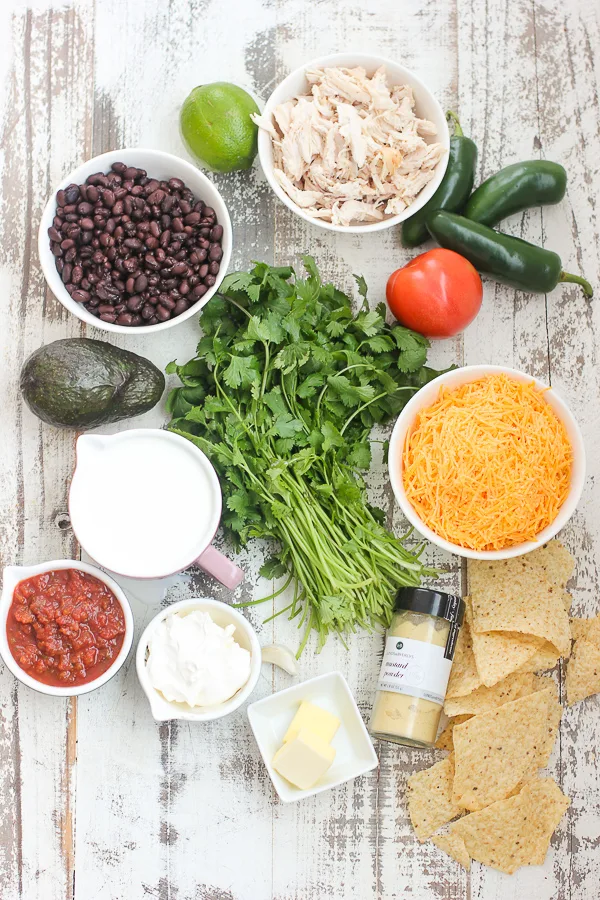 Overhead photo of ingredients needed for the chicken nacho bar