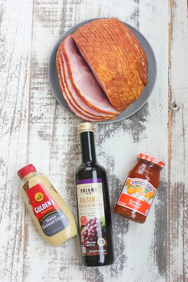 Ingredients needed to make baked spiral ham with apricot mustard glaze