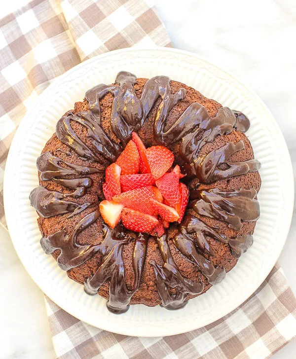 overhead view of the whole chocolate bundt cake