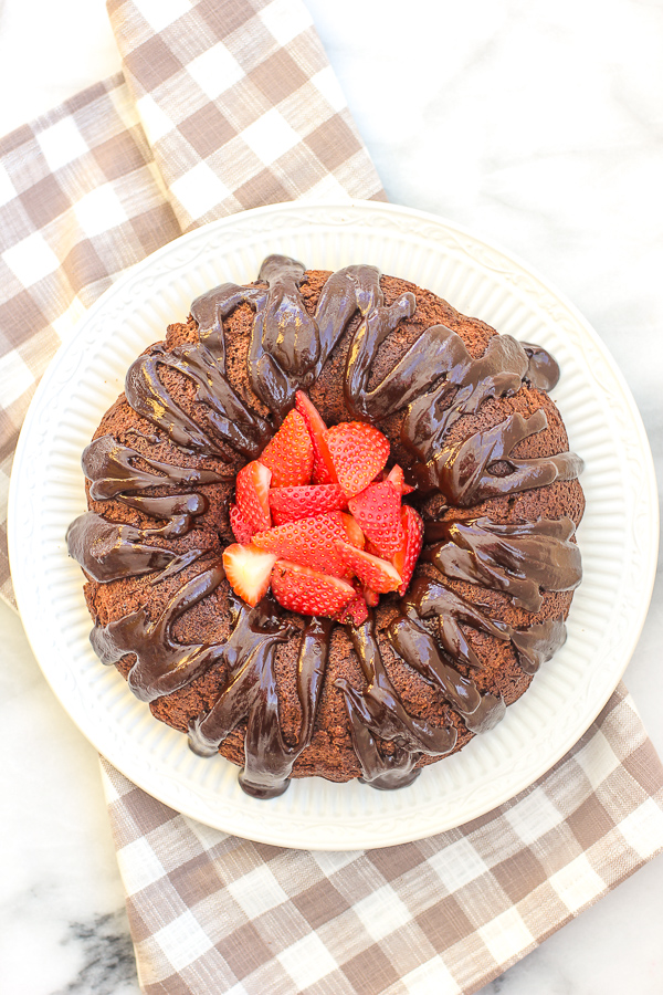 overhead view of the whole chocolate bundt cake