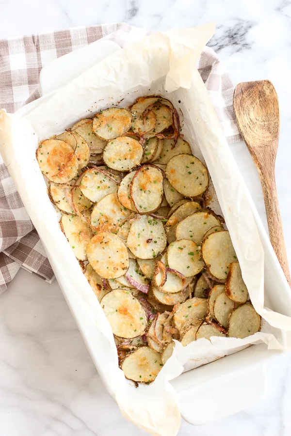 Potatoes in the baking dish after roasting