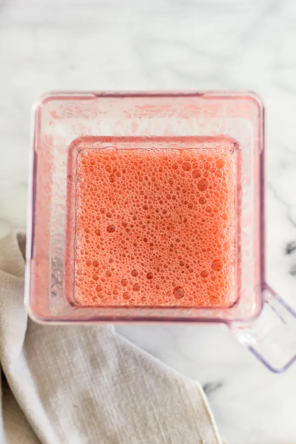 Strawberries in blender after pureeing